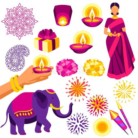 Happy Diwali Traditional Symbols Collection. Deepavali or Dipavali ...