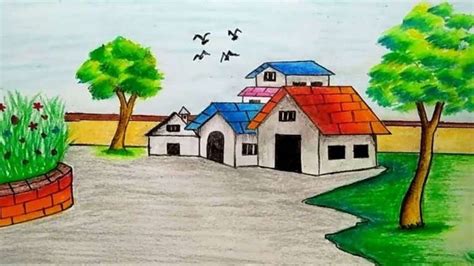 Pin by Vanani Nv on vinay 6 | Drawing scenery, Landscape drawings, Village scene drawing