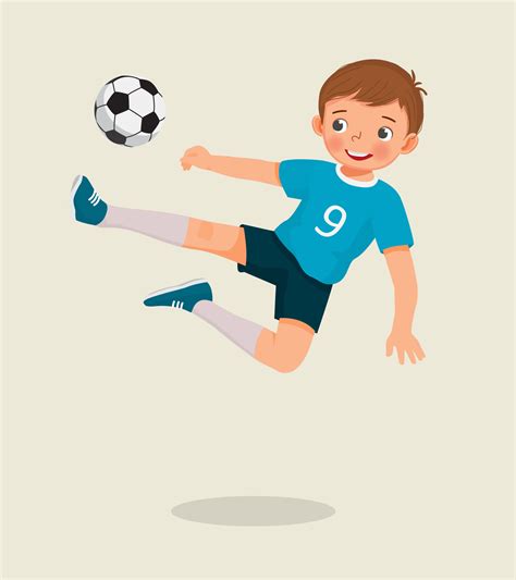 cute little boy playing soccer jumping high kicking the football to make a goal 11187895 Vector ...