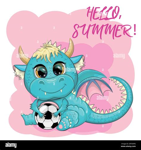 Cute cartoon green dragon and soccer ball, game. Symbol of 2024 according to the Chinese ...