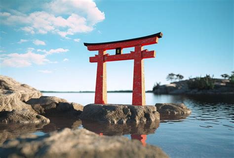 Premium AI Image | a red tori gate sits on a rock in front of a lake ...