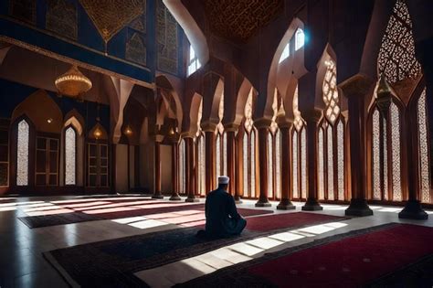 Premium Photo | A man sits in a mosque with a prayer inside.