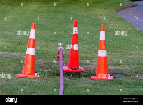 Group of orange traffic cones on a field Stock Photo - Alamy