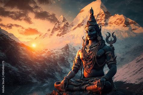 Hindu god Shiva, meditating on Mount Kailasa in the Himalayas, generative AI Stock Illustration ...