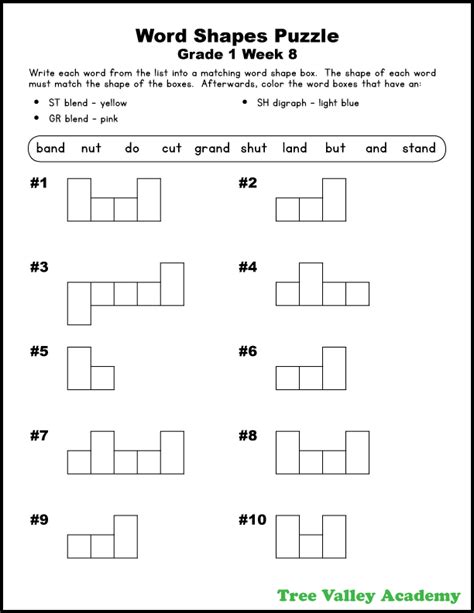 Grade 1 Word Shapes Puzzles - Tree Valley Academy