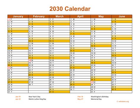 2030 Calendar on 2 Pages, Landscape Orientation | WikiDates.org