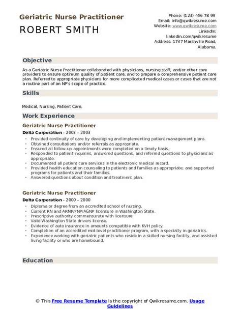 Geriatric Nurse Practitioner Resume Samples | QwikResume