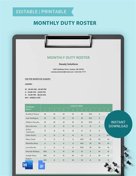 Monthly Roster Template in Google Docs, Word, PDF - Download | Template.net