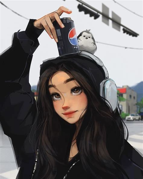 a woman with headphones and a pepsi can on her head is standing in the street