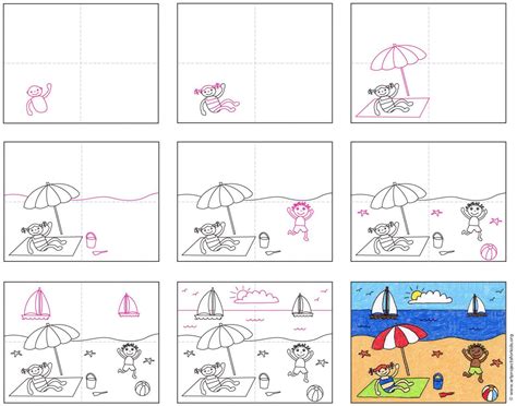 Easy How to Draw a Beach Tutorial Video and Beach Coloring Page | Beach drawing, Drawing ...