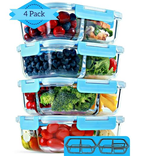 Glass Meal Prep Food Storage Containers (2 & 3 Compartments) 4 Pack, 32 Ounces - TheRichmondGeneral