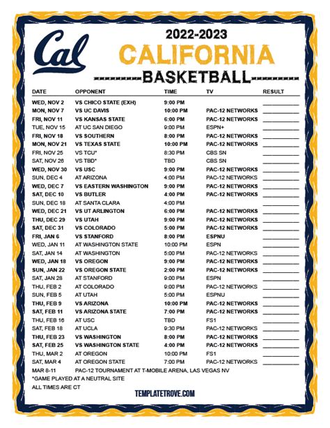 Printable 2022-2023 California Golden Bears Basketball Schedule