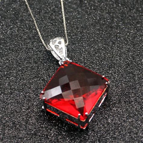 Natural Huge Square Red Garnet 925 Sterling Silver For Women Charms Pendant Chain Necklace 20 ...