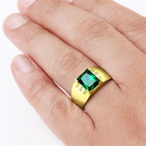 Men's Emerald Ring with Natural Diamonds in 10k Yellow Gold, Statement ...