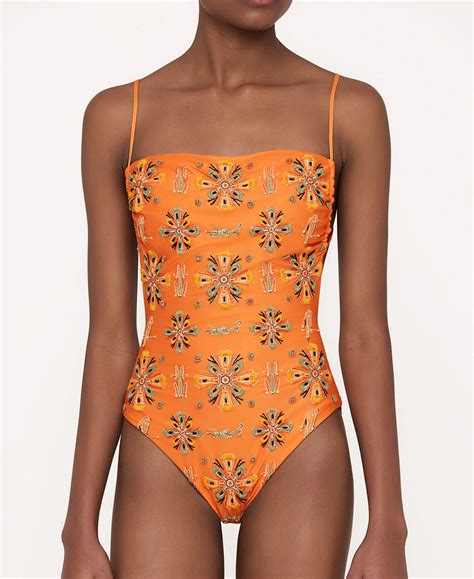 Square Neck Swimming Costume in Orange | Hand Embroidered Swimsuit