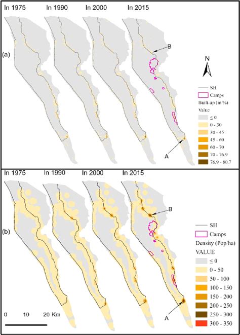 Built-up area (a) and density (number of population/hectare) map (b)... | Download Scientific ...