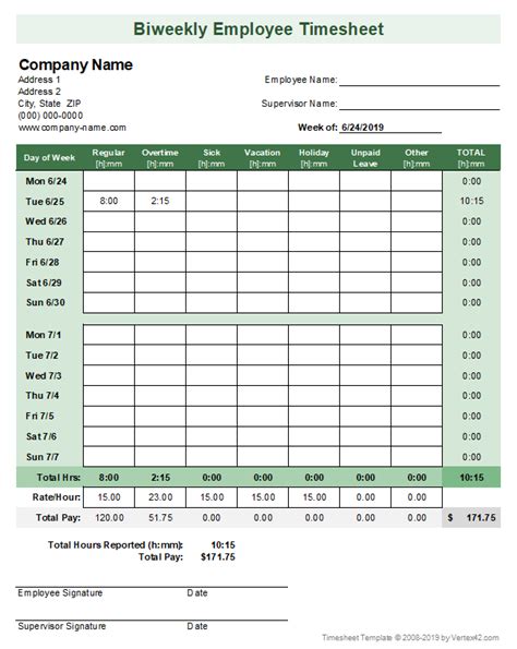 Download the Biweekly Excel Timesheet from Vertex42.com | Timesheet ...