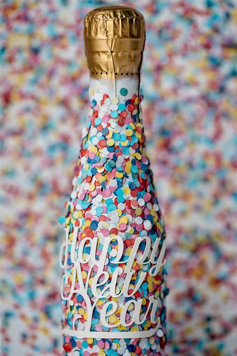 "Happy New Year Text On A Champagne Bottle Covered With Confetti All ...