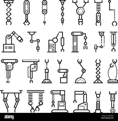 Manufacturing industrial robot, robotic arms vector line icons. Robotic ...