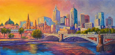 Original oil on canvas of the city of Melbourne ready to hang