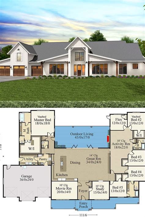 Single-Story 6-Bedroom Modern Barn Home with Outdoor Living (Floor Plan) | Craftsman house plans ...