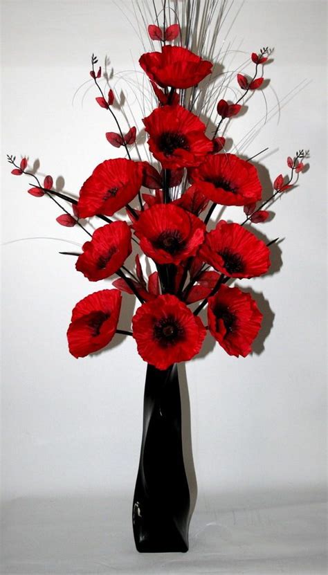 Artificial Silk Flowers Red Poppy Flower Arrangement In Black Vase ...