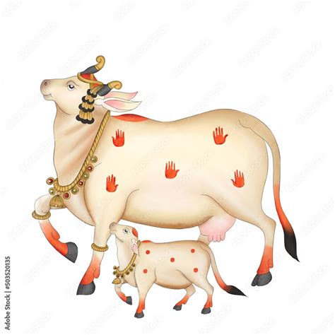 cow and calf pichwai art painting illustration Stock Illustration ...