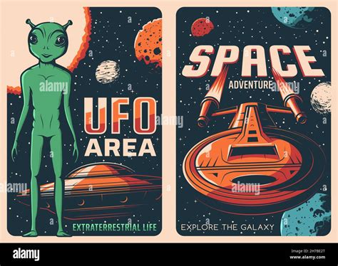 UFO area and spaceship retro posters. Alien life, space exploration adventure and galaxy travel ...