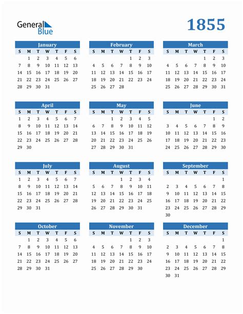 Free 1855 Year Calendar in PDF, Word, and Excel