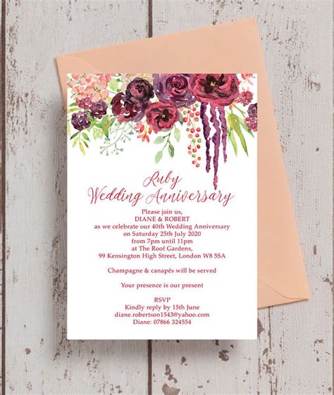 Burgundy Floral 40th / Ruby Wedding Anniversary Invitation from £0.90 each