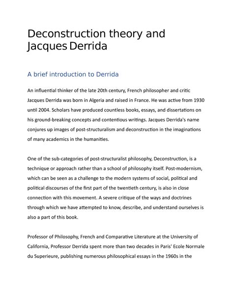 Deconstruction theory and Jacques Derrida - Literary criticism - BHU - Studocu