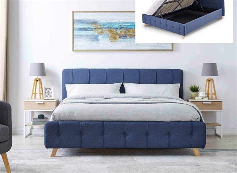 Lit coffre scandinave avec le sommier relevable en tissu bleu 160 x 200 ...