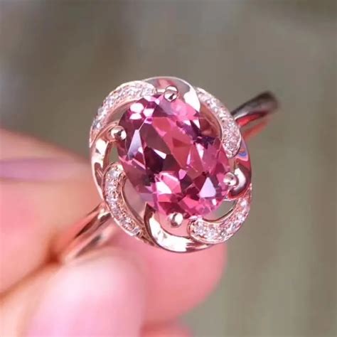 100% Fidelity Natural 6*8mm perfect pink tourmaline Rings 18k rose gold ...