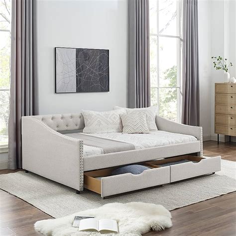 Daybed With Drawers, Modern Linen Upholstered Full Size Day Bed Button ...