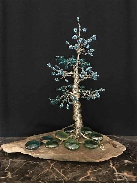 Pine Tree Silver Wire Sculpture with Metallic Blue and Glass Green Beads on Sandstone rock ...