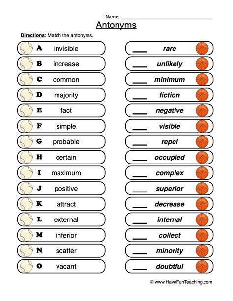 Antonyms Intermediate Matching Worksheet • Have Fun Teaching