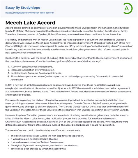 Meech Lake Accord Essay Example | StudyHippo.com