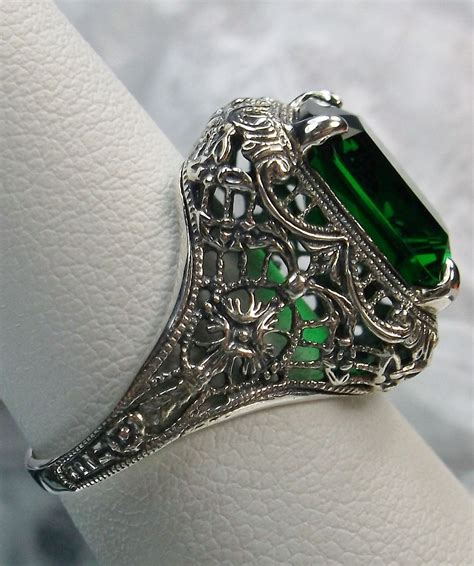 Emerald Ring/ Solid Sterling Silver/ 5ct Simulated Green Emerald Floral ...