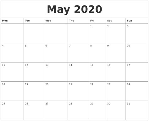 May 2020 Calendar