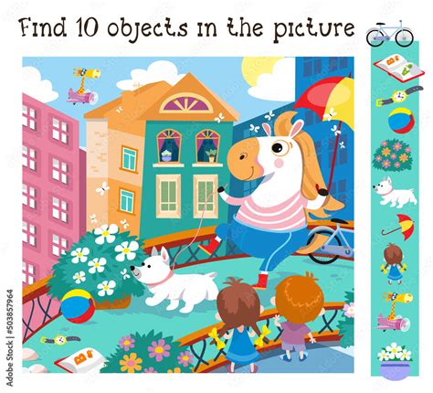 Find 10 hidden objects. Educational game for children. Cartoon cute characters in city. Vector ...