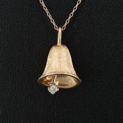 14K Yellow Gold Diamond Articulated Bell Pendant Necklace | EBTH