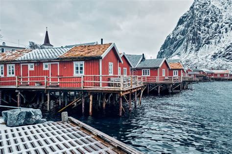 Traditional Red Rorbu House in Reine Village on Lofoten Islands, Stock Photo - Image of famous ...