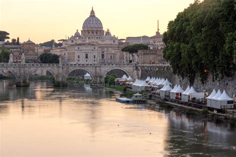 Sunset Panorama of Tiber River, St. Angelo Bridge and St Editorial Stock Photo - Image of ...