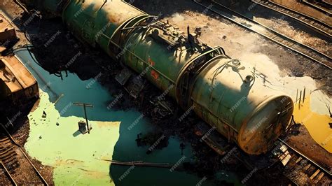 Premium Photo | Toxic leak from freight train accident wreck of railroad cars and tanks ...