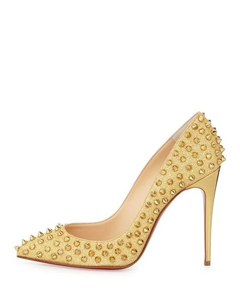 Christian Louboutin Follies Spike-Studded Glitter Red Sole Pump, Gold ...