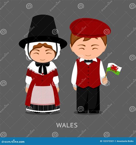 Welsh in National Dress with a Flag. Stock Vector - Illustration of ...