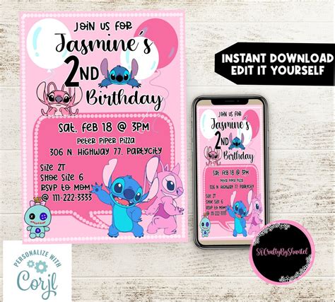 Stich and Angel Birthday Invitation, Editable Template, Ideas Girl ...