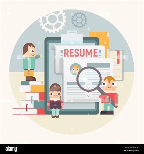 Funny Flat Retro Design Hiring, Job Interview and Recruitment Cartoon Characters near Big Resume ...