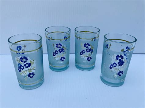 Home & Living Kitchen & Dining Set of Four Vintage Painted Floral Small Blue Tumblers Drink ...