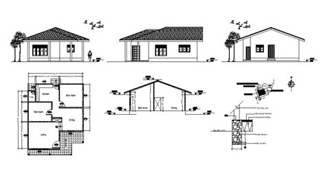 2d view drawings of single story house plan elevation and section in ...